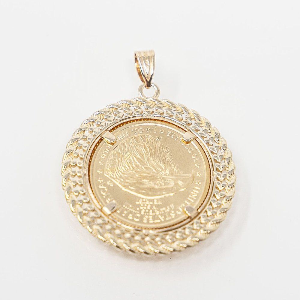 New 14k Gold Double Row Diamond Cut Bezel With 1/4oz American Eagle Coin - Picture 12 of 15